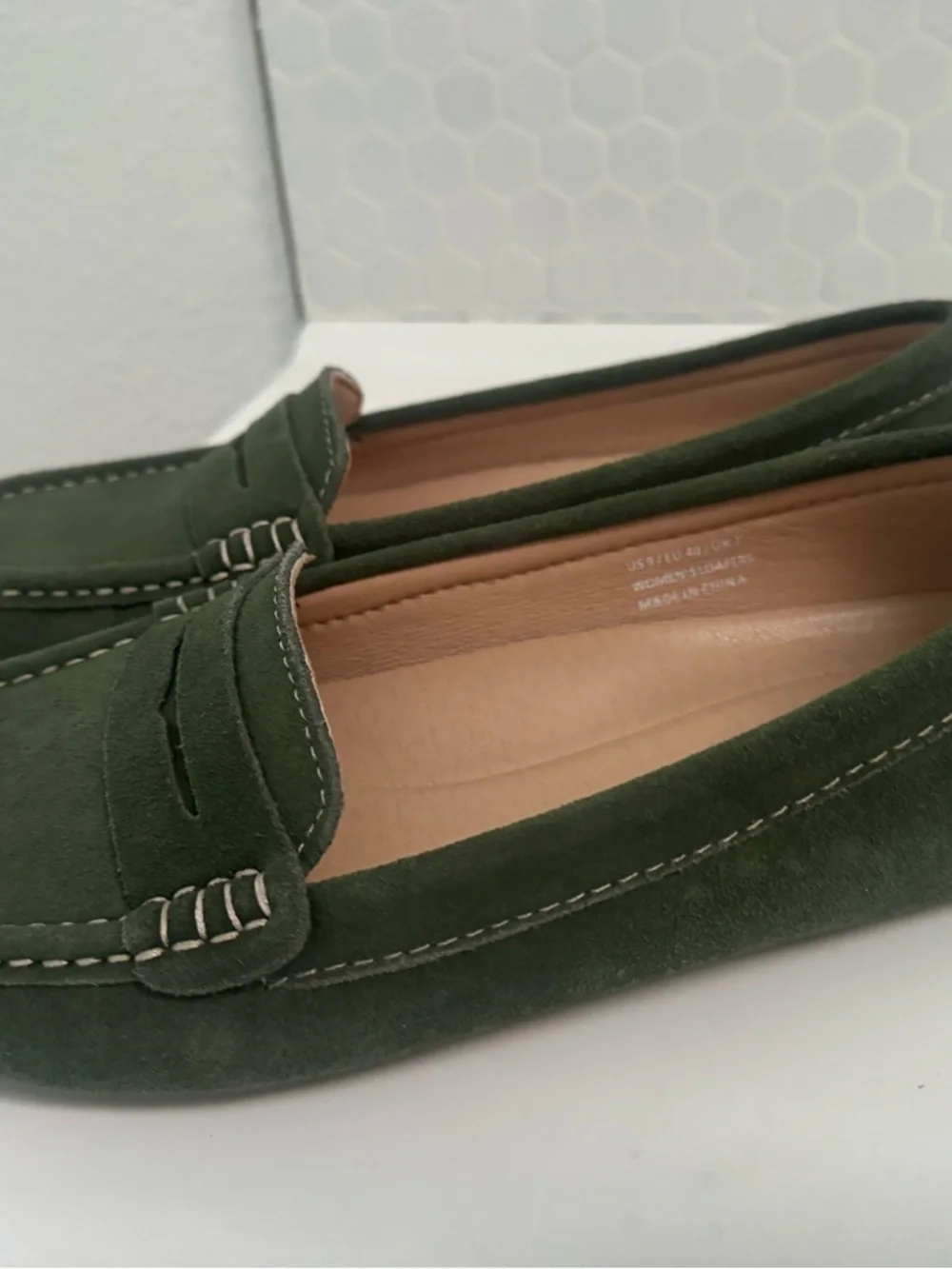 Womens Olive Suede Penny Loafers - Slip-On Comfort